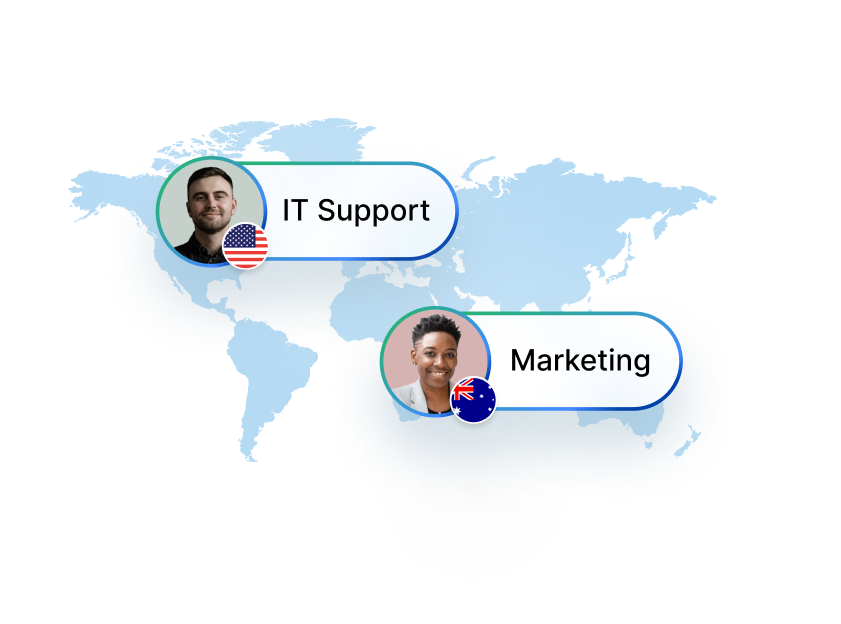 World map with IT Support and Marketing professionals
